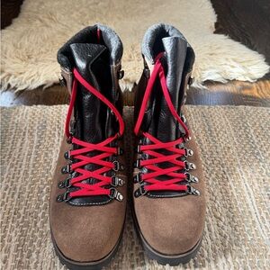 Woolrich Packer Brown Suede Boots with Black leather accent and bold Red Laces